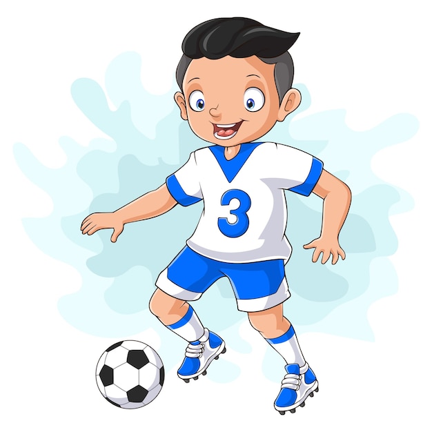 Vetor garotinho de desenho animado jogando futebol