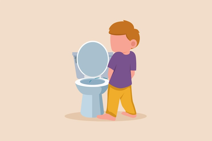 Garotinho faz xixi em pé antes de ir para a cama Antes do conceito de atividade de sono Ilustração vetorial gráfica plana colorida isolada