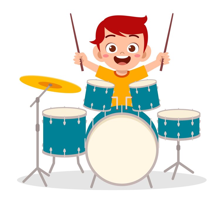 Vetor garotinho fofo tocando bateria em show