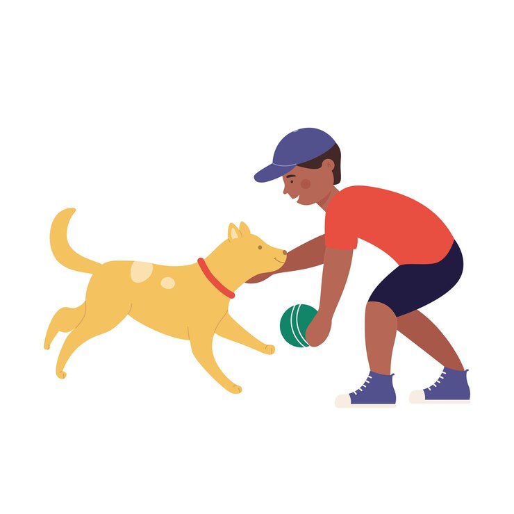 Vetor garotinho jogando bola com seu cachorrinho