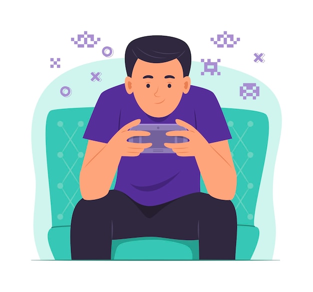 Vetor garoto adolescente sentado no sofá e gosta de jogar a ilustração do conceito de console de jogos