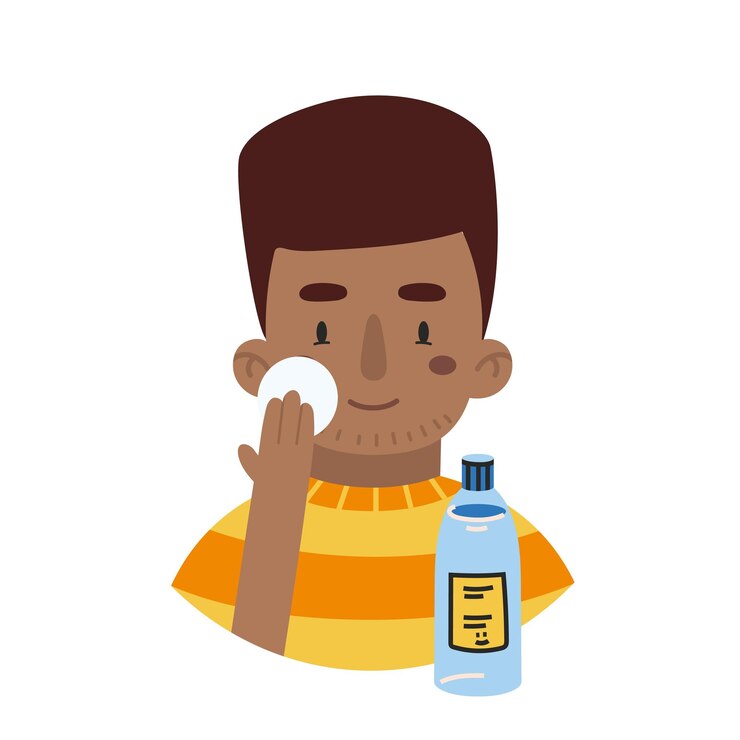 Vetor garoto afro-americano aplica rotina de cuidados com a pele do rosto de toner personagem de estilo de desenho animado na moda ilustração vetorial plana moderna