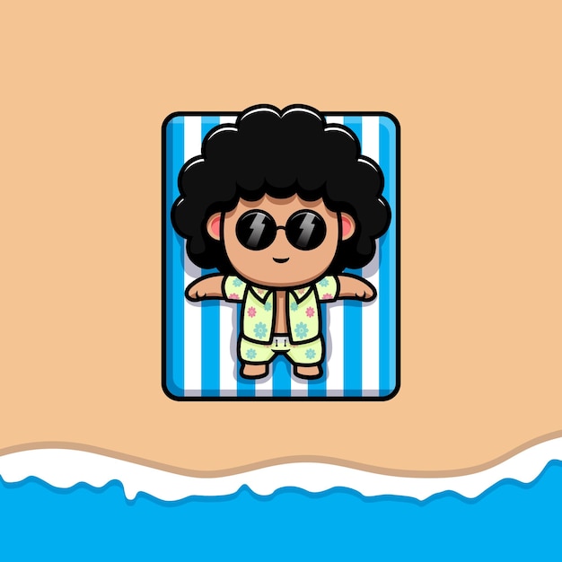 Garoto afro fofo tomando banho de sol na praia ilustração dos desenhos animados