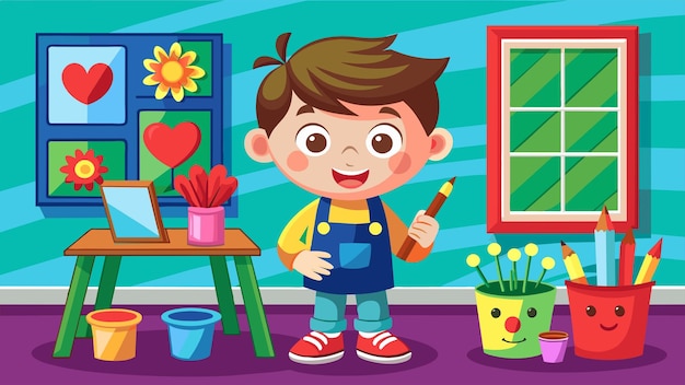 Vetor garoto alegre com materiais de arte em uma sala colorida brincam criativamente