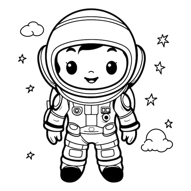 Garoto astronauta bonito com terno espacial e capacete ilustração vetorial design gráfico