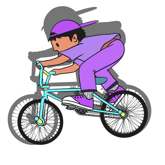 Garoto bonito andando de bicicleta tipo freestyle. Ilustração em vetor isolado colorido em estilo cartoon.