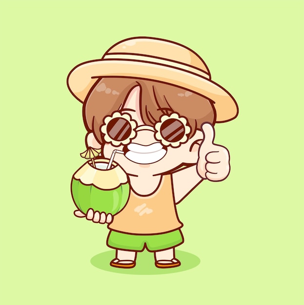 Garoto bonito bebe ilustração kawaii de férias de verão de coco fresco