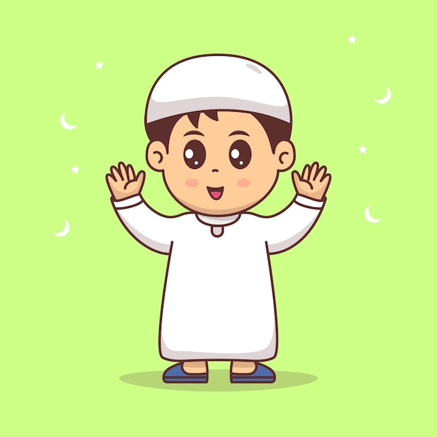 Garoto bonito feliz comemorando ramadã mubarak eid mubarak ilustração vetorial de desenho animado