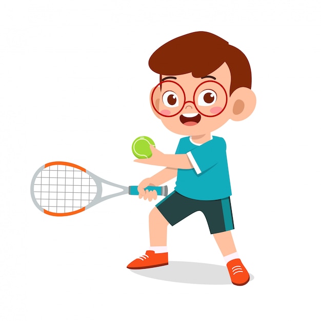 Garoto bonito garoto feliz jogar tênis de trem