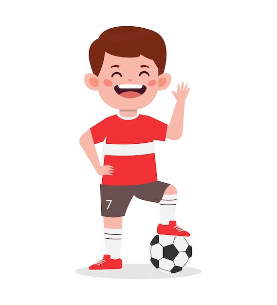 Garoto bonito joga ilustração vetorial de desenho animado de futebol