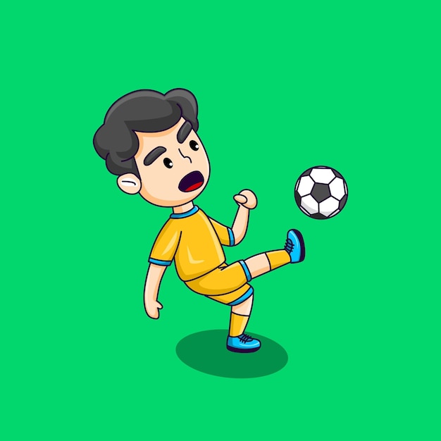 Vetor garoto bonito jogando futebol garoto feliz chutando a bola ilustração vetorial de desenho animado