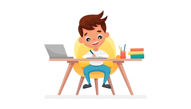 Vetor garoto bonito sentado em uma mesa e trabalhando com computador em casa na classe eletrônica. conceito de educação on-line, e-learning. ilustração plana dos desenhos animados