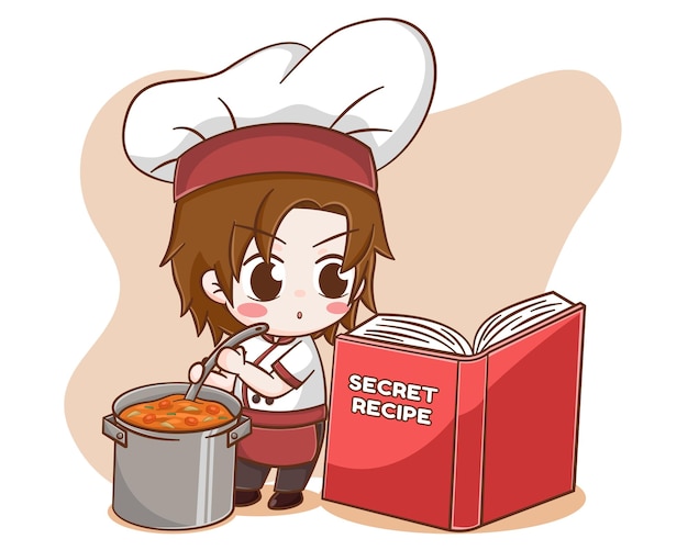 Garoto chef fofo cozinhando com ilustração de desenho de livro de receitas secretas