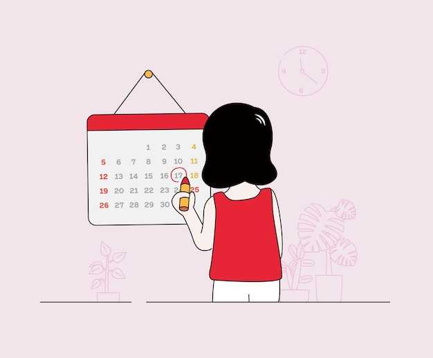 Garoto com conjunto de ilustração de calendário período de planejamento menina jovem criança desenho vetorial estilo desenhado à mão