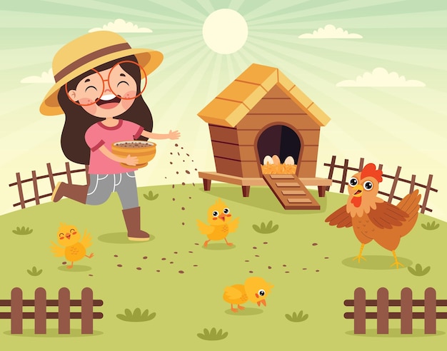 Garoto de desenho animado alimentando galinhas e pintinhos