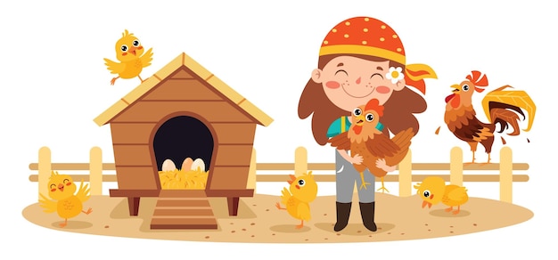 Garoto de desenho animado alimentando galinhas e pintinhos