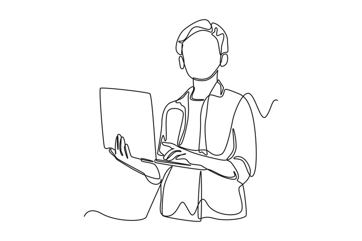 Garoto de desenho contínuo de uma linha monitorando estoque com laptop Conceito de gerenciamento da cadeia de suprimentos Ilustração gráfica vetorial de design de desenho de linha única
