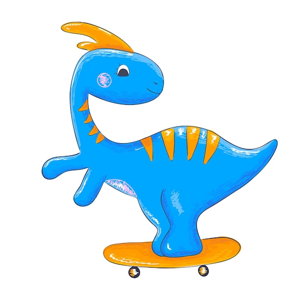 Garoto dino fofo dirigindo no skate ilustração infantil vetorial