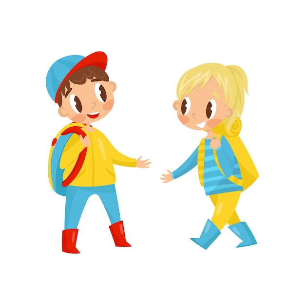 Garoto e garota bonitos com mochila nos ombros Crianças fazendo caminhadas Atividade ao ar livre Design de vetor plano