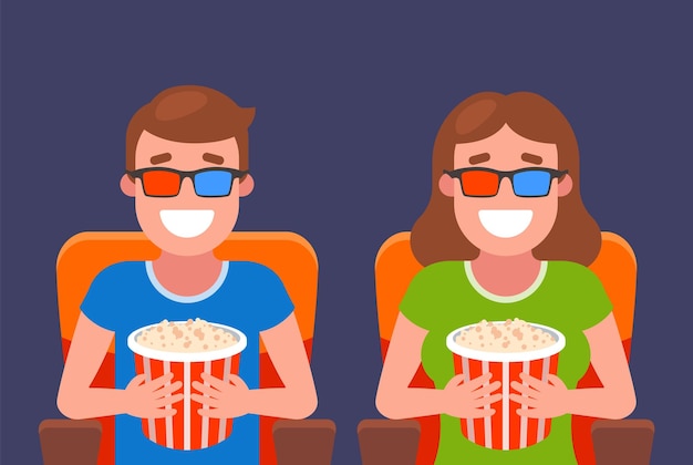 Vetor garoto e garota em um encontro no cinema fãs de cinema assistem filme