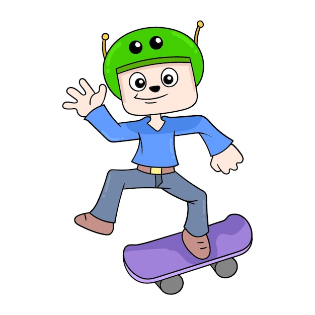 Garoto está andando de skate feliz imagem de ícone de doodle kawaii