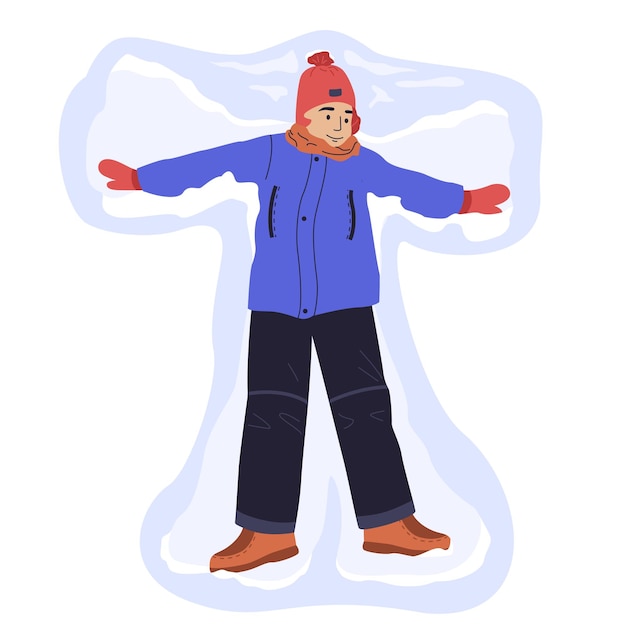 Garoto feliz deitado no chão e faz anjos de neve aproveitando o dia de neve Vector cartoon flat inverno
