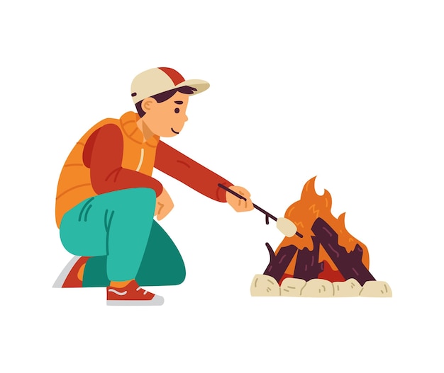 Garoto garoto assado marshmallows na fogueira no acampamento, uma ilustração vetorial
