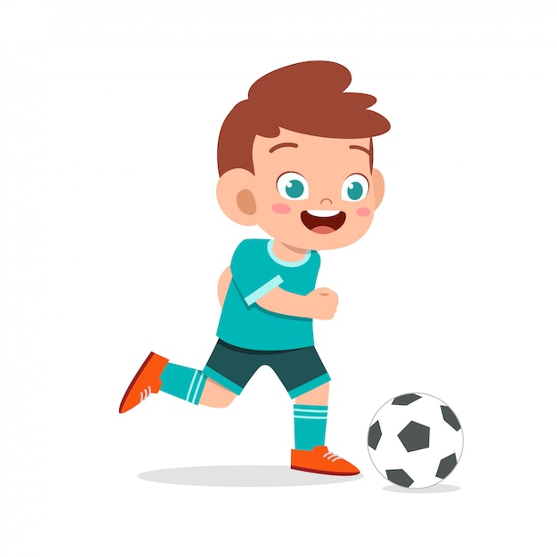 Vetor garoto garoto bonito jogar futebol como atacante