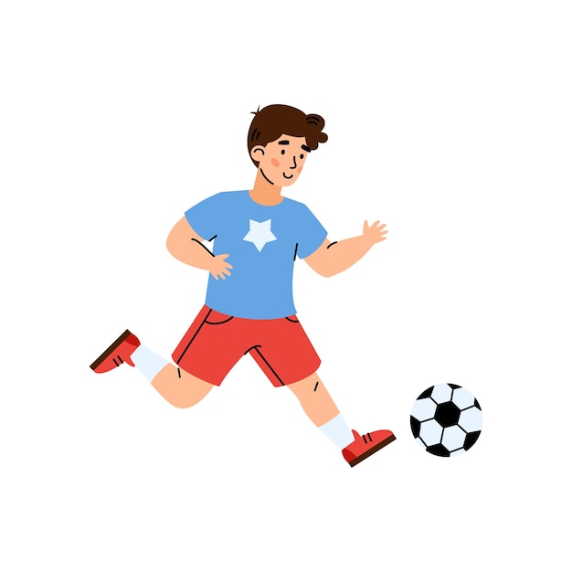 Garoto garoto joga no futebol criança chuta bola de futebol atividade esportiva ao ar livre para crianças em lazer ou rotina diária ilustração em vetor de desenho animado plana isolada em branco