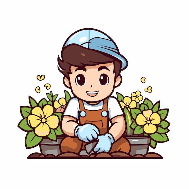 Vetor garoto jardineiro de desenho animado bonito plantando flores em vasos ilustração vetorial