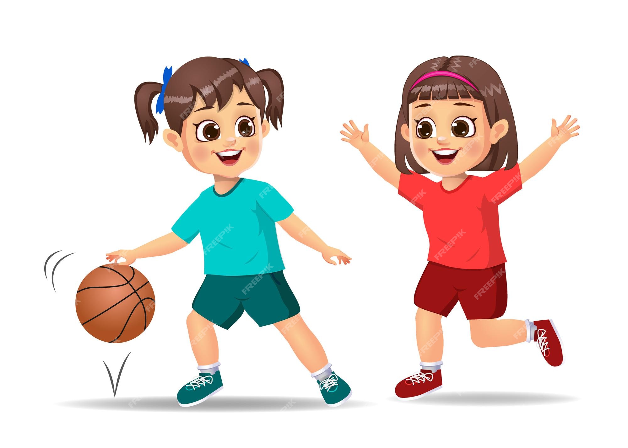 Linda garota jogando basquete desenho animado, Vetor Premium