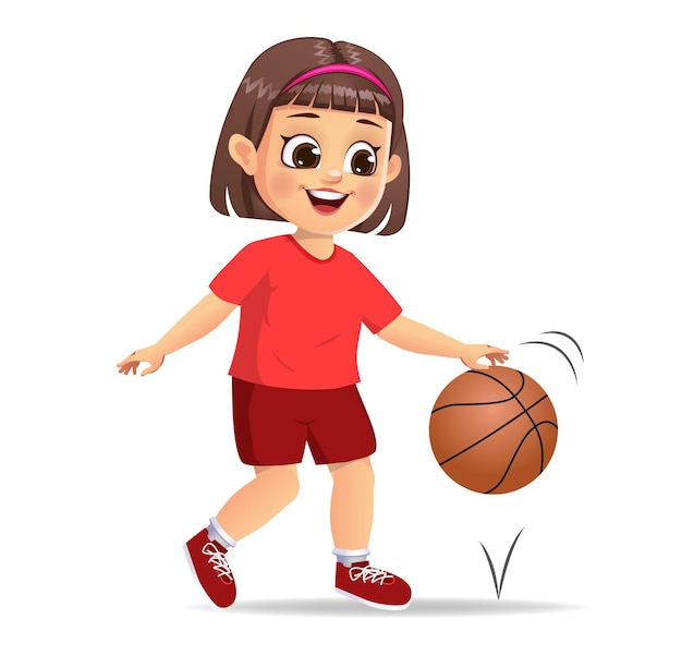 Linda garota jogando basquete desenho animado, Vetor Premium