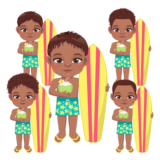 Garoto negro de praia nas férias de verão Crianças africanas americanas segurando prancha de surf e suco de coco vetor de design de personagem de desenho animado