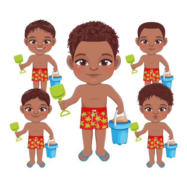 Garoto negro de praia nas férias de verão Crianças africanas americanas segurando vetor de desenho de personagem de desenho animado de balde de areia