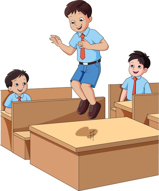 Garoto pulando na mesa na sala de aula ilustração vetorial