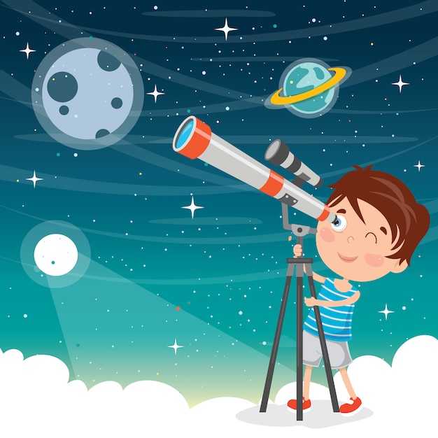 Garoto usando telescópio para pesquisa astronômica