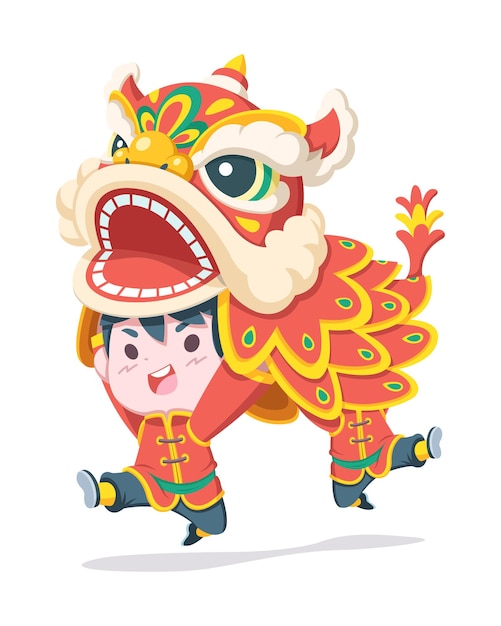 Garotos de estilo bonito realizando ilustração de desenho de dança tradicional chinesa do leão