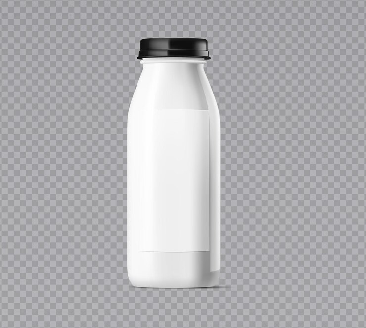 Garrafa branca brilhante de utilização única com tampa negra para bebidas ou produtos lácteos, espaço vazio no rótulo