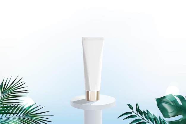 Garrafa branca limpa no pódio e plantas tropicais na frente, para anúncio cosmético.
