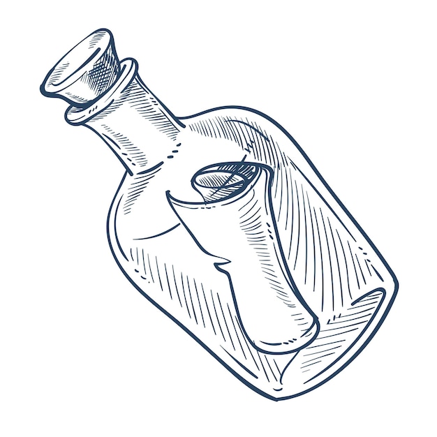 Vetor garrafa com cortiça e ícone de esboço isolado de símbolo marinho de mensagem