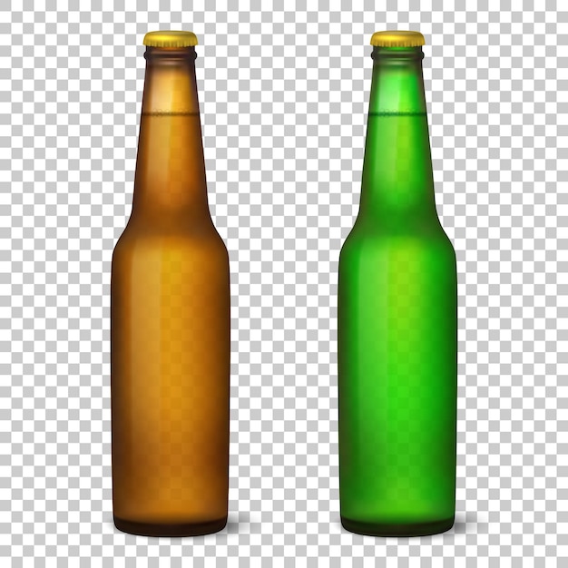 Garrafa de cerveja marrom e verde brilhante vazia 3d realista com conjunto de ícones de tampa fechada isolada