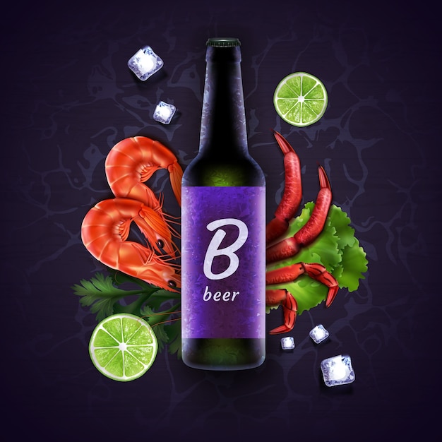 Garrafa de cerveja verde e rótulo roxo com espaço para texto em fundo violeta com frutos do mar