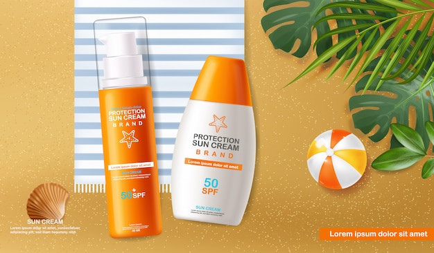 Garrafa de creme solar 3d realista isolado, fundo do mar, praia tropical, embalagens, protetor solar, ilustração de cosméticos de verão spf 50