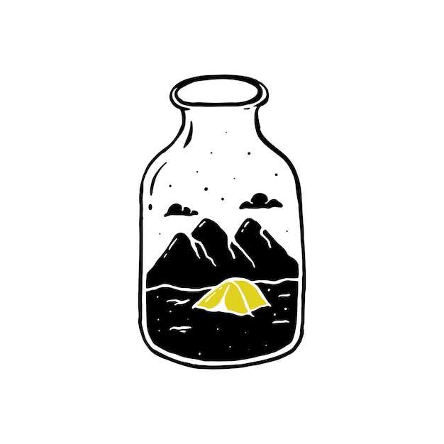 Garrafa de design simples com ilustração de acampamento de montanha