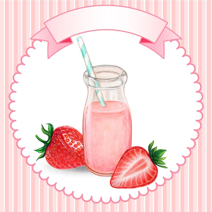 Vetor garrafa de leite com morango rosa aquarela fofa