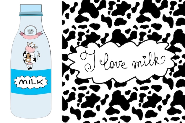 Garrafa de leite com sorriso e padrão de pele de vaca bonito com ilustração vetorial de estoque de inscrição