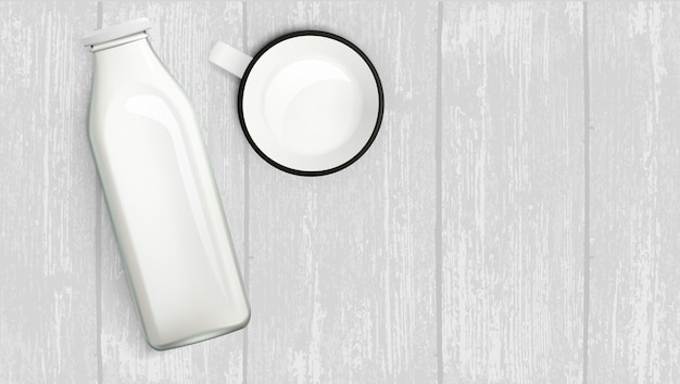 Garrafa de leite realista e copo na mesa de madeira