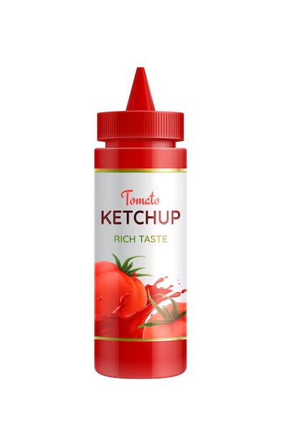 Garrafa de molho vermelho realista com ketchup de tomate na ilustração vetorial de fundo branco