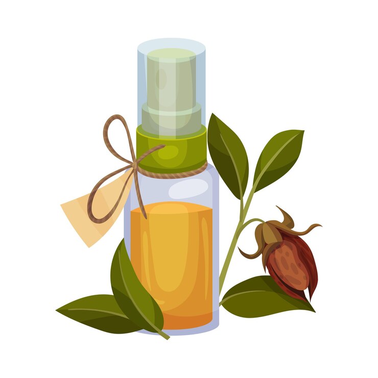 Vetor garrafa de óleo de jojoba com rótulo e ramo de jojoba ao lado ilustração vetorial conceito de tratamento de aroma