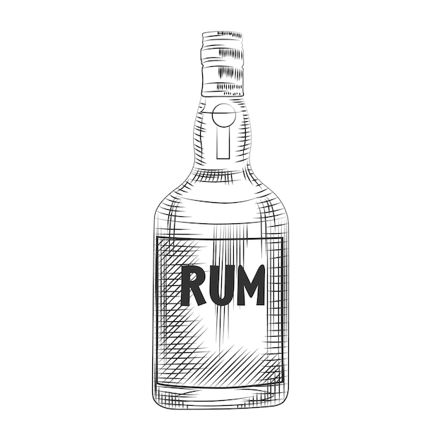 Garrafa de rum de vidro. isolado no fundo branco. Ilustração em vetor estilo gravura.